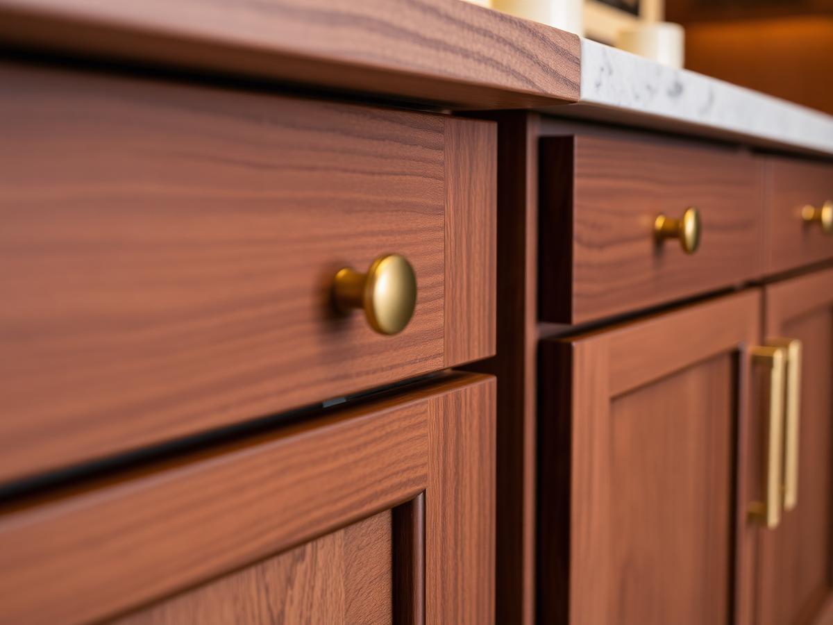 Custom walnut cabinetry with brass hardware and honed stone countertop edge