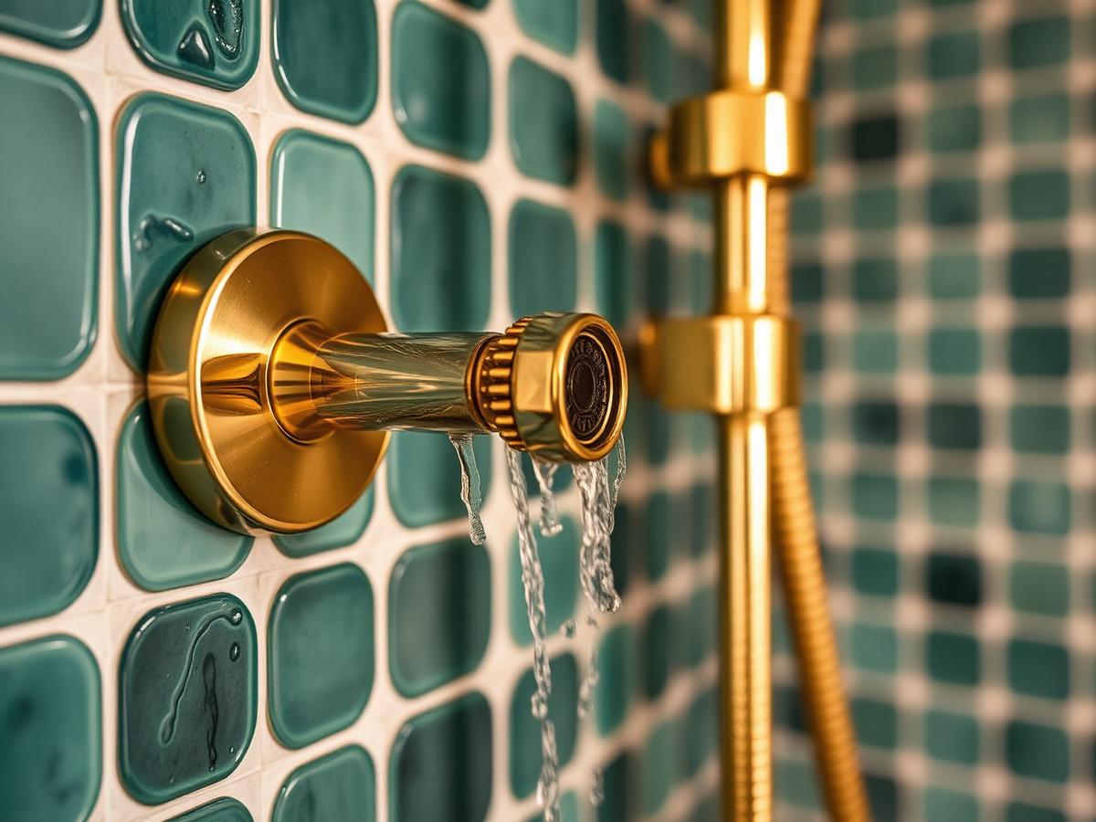Handmade glazed tile shower wall with a brass shower fixture