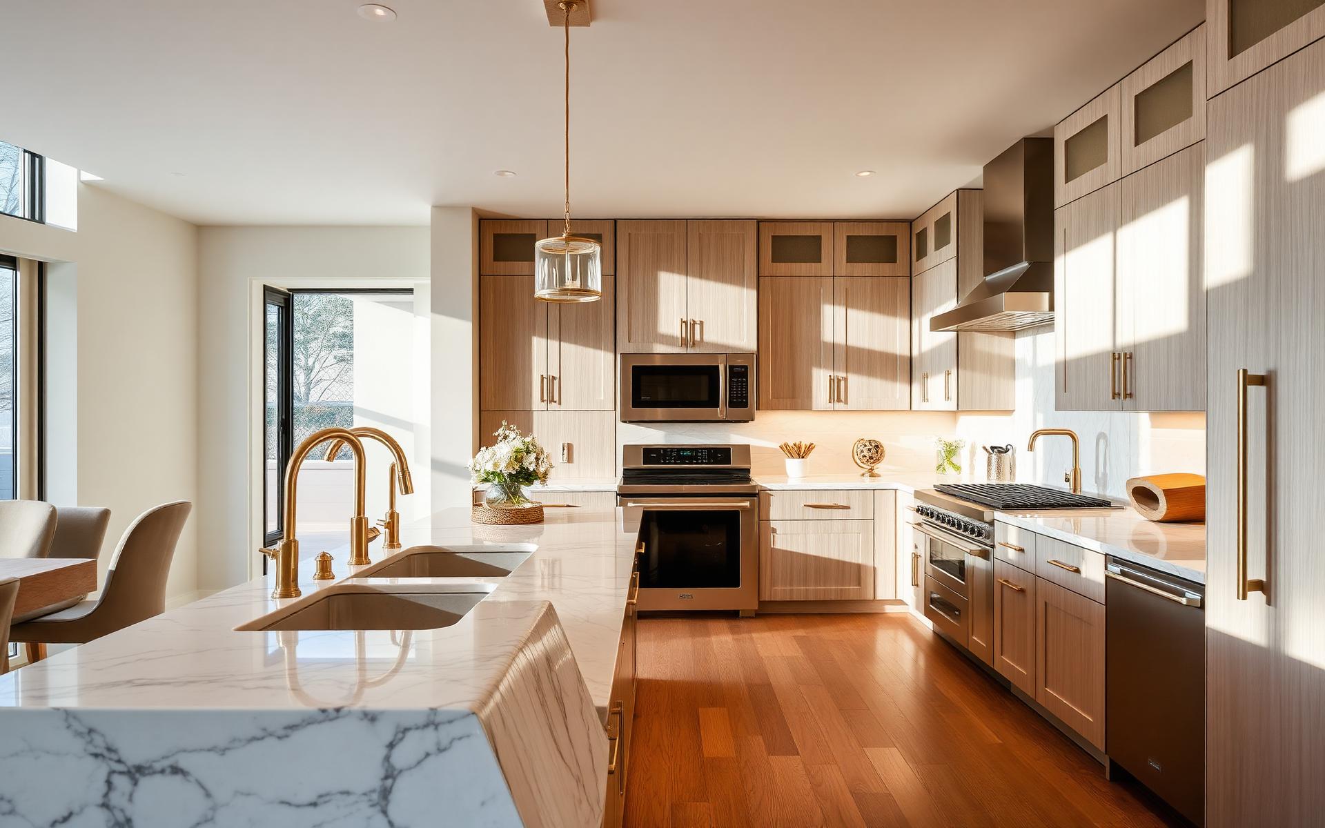 Luxury remodeled kitchen with marble waterfall island and warm natural light